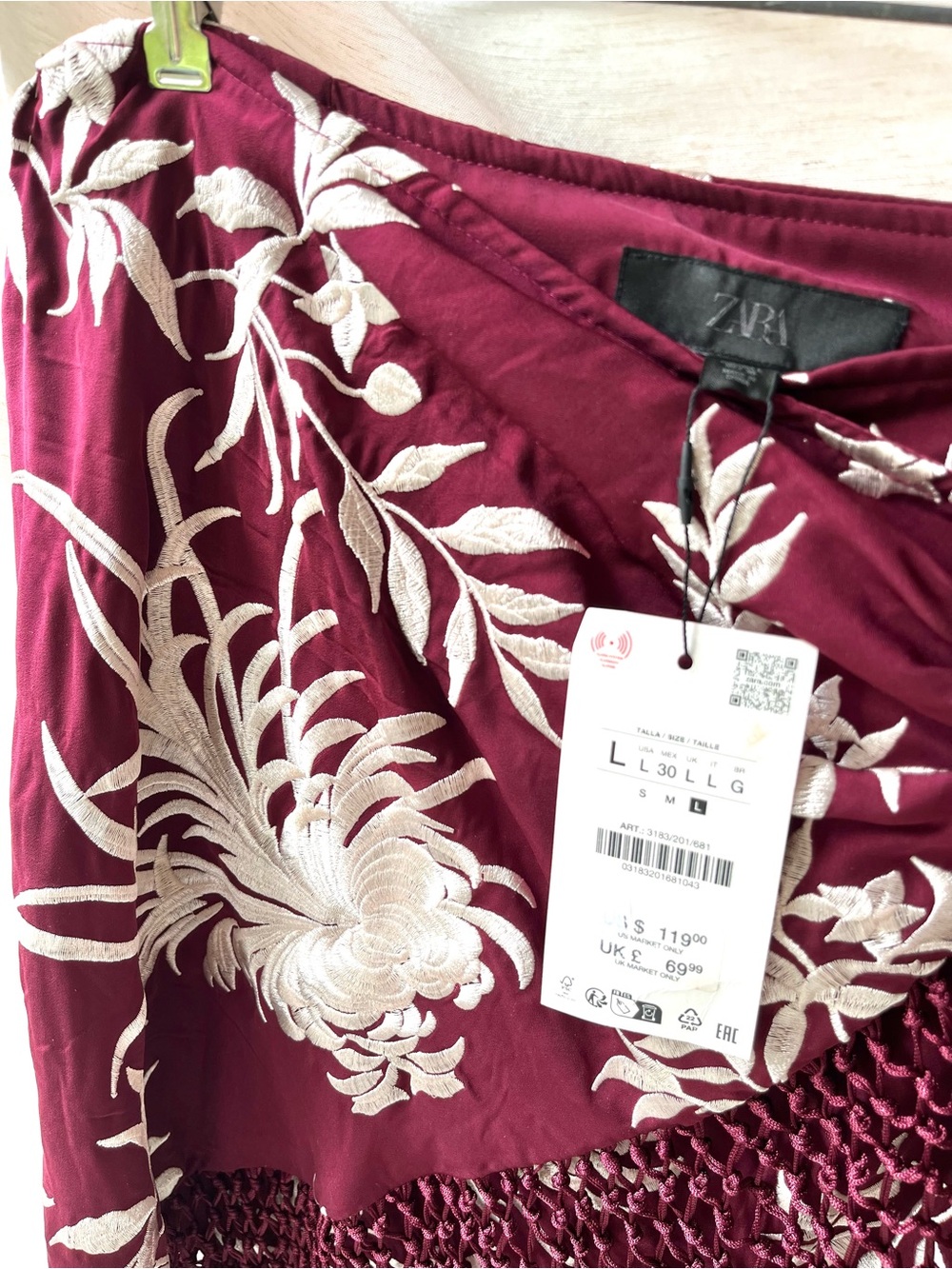Zara Pareo Skirt with Embroidery & Fringe Burgundy White - Picture 16 of 16